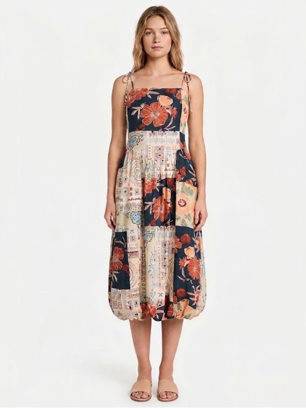 Tulip Creations XL Cotton Linen Patchwork Floral Boho Balloon Hem Midi Dress